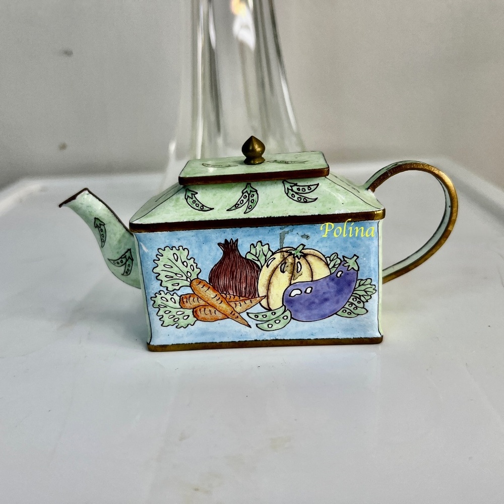 VTG Collectable Unique Miniature Enameled Teapot with Vegetables Design - cute!